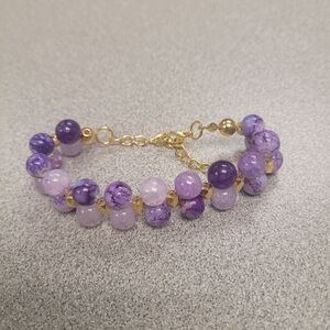 Handcrafted 8.5 Lilac Lavender Deep Purple Gold Tone Beaded Adjustable Bracelet